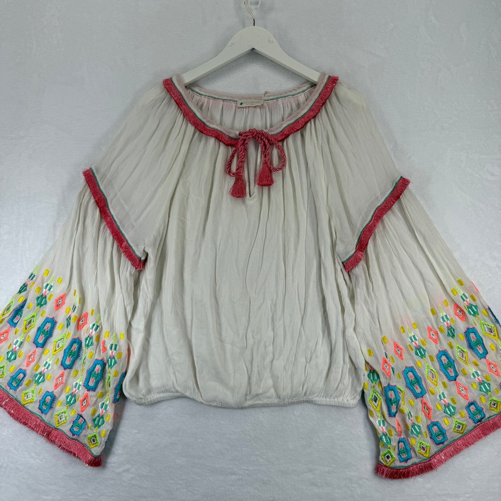Ramy Brook Ivory Embroidered Tassel Tie Neck Bell Sleeve Boho Blouse Medium
